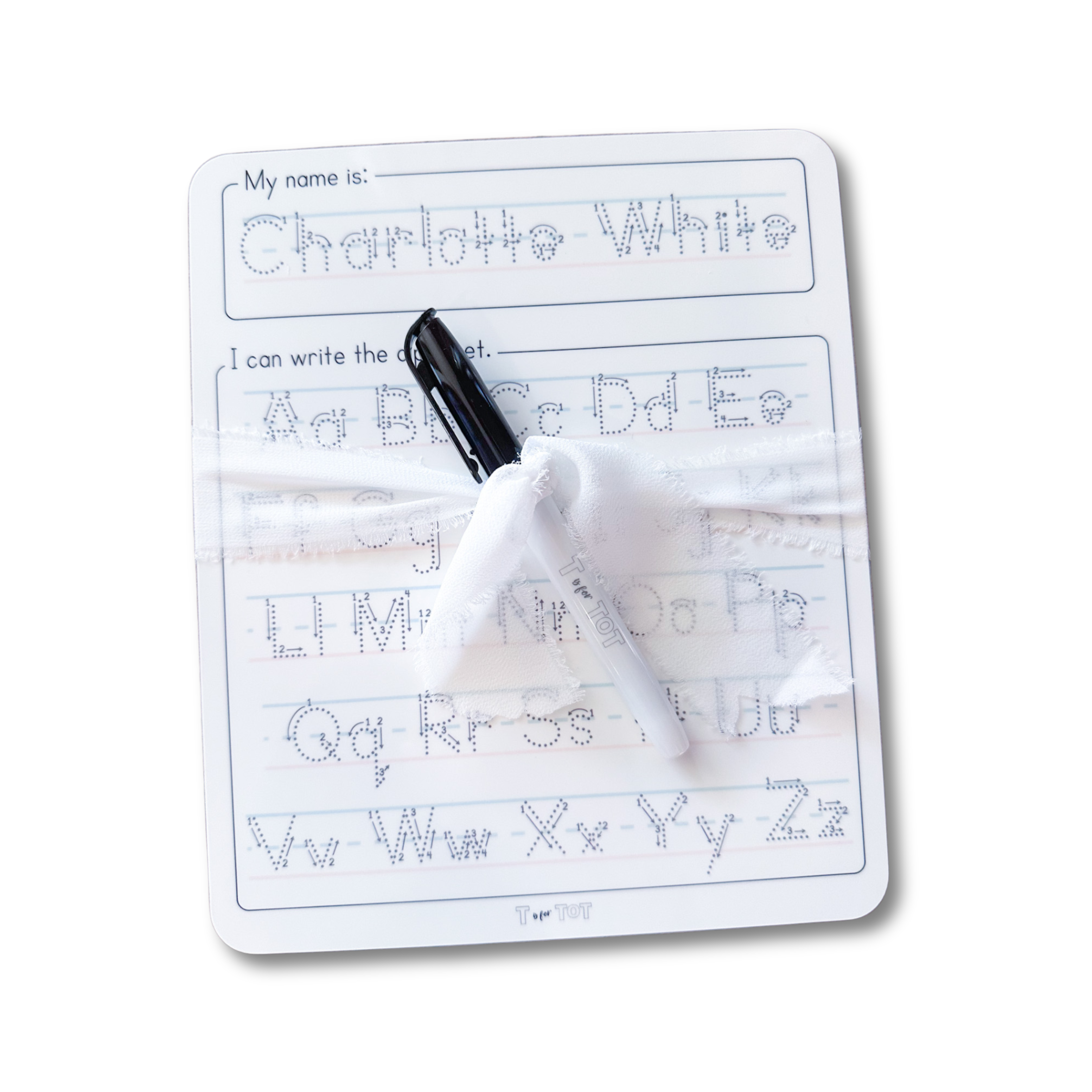 Personalized dry erase name and alphabet board with a black marker for kids learning.